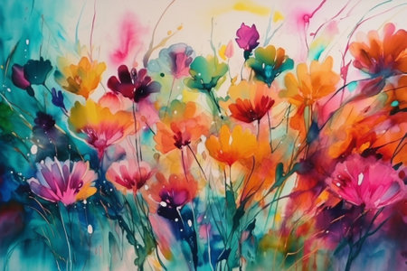 Colorful spring flowers, watercolor painting on canvas. Spring background.の素材