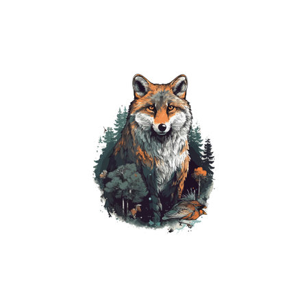 Watercolor fox in forest. Hand drawn illustration isolated on white backgroundのイラスト素材