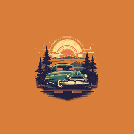 Retro car in the forest. Vector illustration on orange background.のイラスト素材