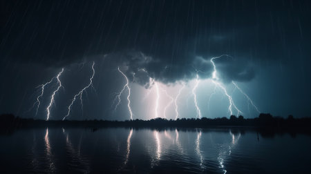 Lightning and thunderstorm over the lake at night. 3D renderingの素材
