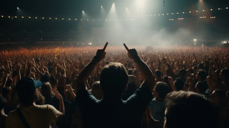Crowd in front of the stage during a live concert, with hands raised in the airの素材
