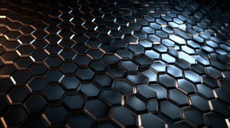 3d rendering of abstract background with hexagons in black and blue colorsの素材