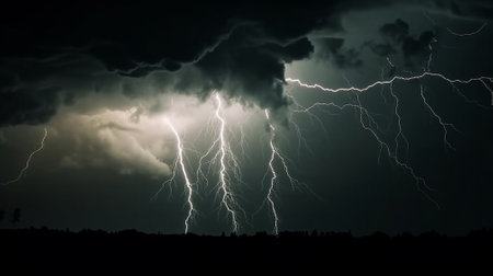 Lightning and thunderstorm in the night sky. 3D renderingの素材