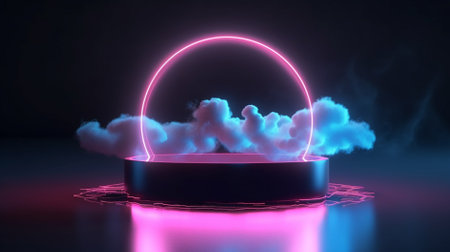 3d render, abstract background, round podium with neon lights and smokeの素材