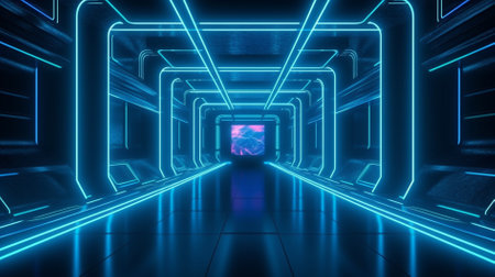 3D abstract background with neon lights. neon tunnel.space construction. 3d illustrationの素材