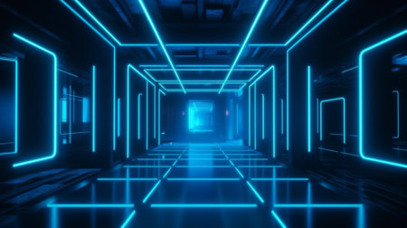 3D abstract background with neon lights. neon tunnel.space construction.3d illustrationの素材