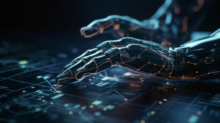 3d rendering of cyborg hand touching circuit board with connection linesの素材