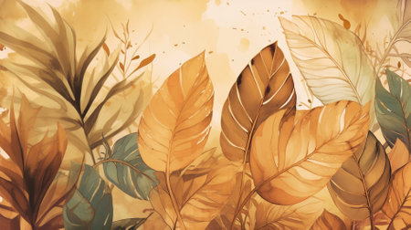 Watercolor background with tropical leaves. Hand drawn illustration for your designの素材