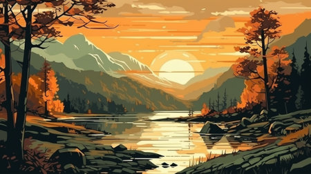 Autumn landscape with river, forest and mountains. Vector illustration.の素材