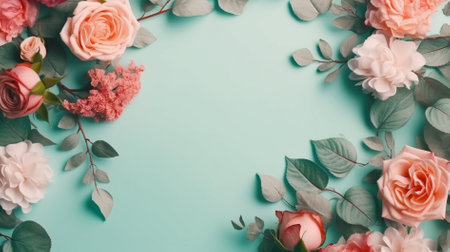 Flowers composition. Frame made of pink roses, green leaves on pastel blue background. Flat lay, top view, copy spaceの素材