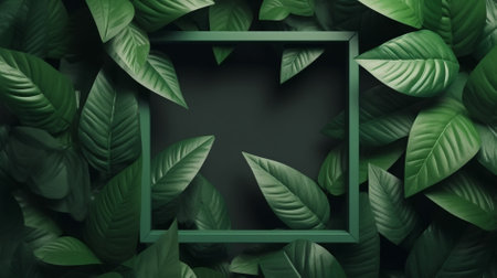 Creative layout made of green leaves with square frame. Minimal nature concept. 3d render.の素材