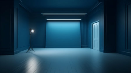 3D rendering of an empty room with blue walls and floor.の素材