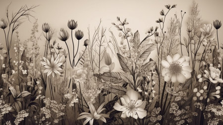 Retro floral background with wildflowers and grass. Black and white.の素材