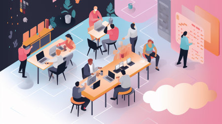 Isometric business people working in office. Teamwork, brainstorming concept. Vector illustrationの素材