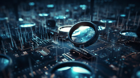 Close up view of electronic circuit board with magnifying glass. 3d renderingの素材