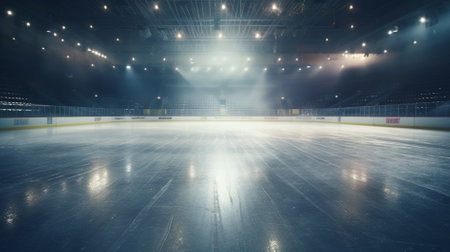 Ice hockey arena at night with lights and skates. Sport backgroundの素材