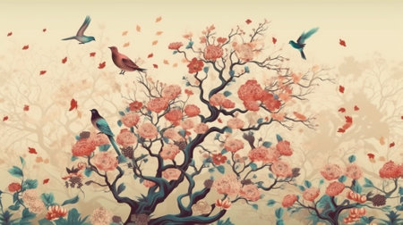 Vintage background with blooming tree and birds. Vector illustration.の素材