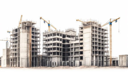 3D rendering of a multi-storey building under construction with cranesの素材