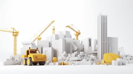3d rendering of construction site with yellow excavator and cranesの素材