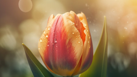 Tulip flower with water drops on the petals closeupの素材
