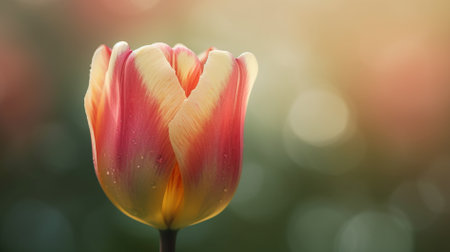 Tulip flower blooming in the garden with sunlight and bokeh background.の素材