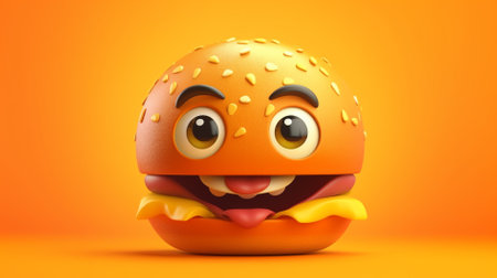 Happy hamburger character isolated on orange background. 3d illustration.の素材