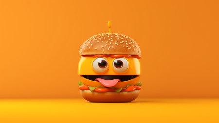 Hamburger with happy face on orange background. 3d illustrationの素材