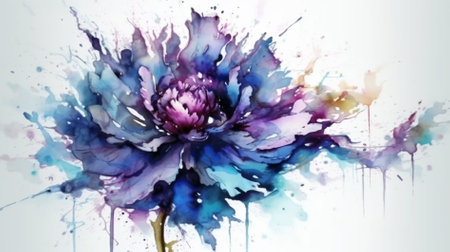 Watercolor painting of blue and purple peony flower on white backgroundの素材