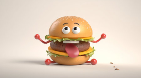 3d rendering of a hamburger character with a smiley faceの素材