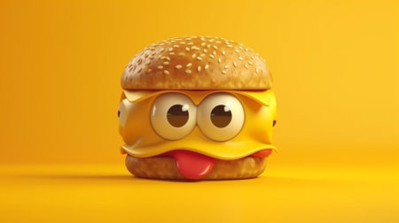 3d illustration of a hamburger with facial expression on yellow backgroundの素材