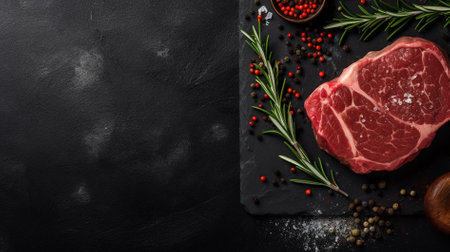 Raw beef steak with spices on black background. Top view with copy spaceの素材