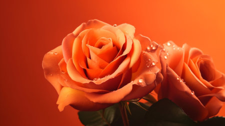 Beautiful orange rose with water drops on the petals on orange backgroundの素材