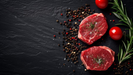 Raw fresh beef steak with spices on black stone background, top viewの素材