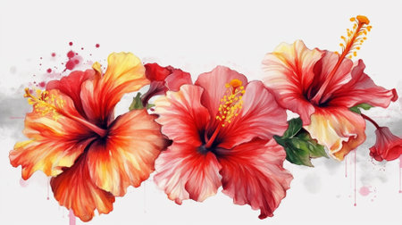 Watercolor painting of hibiscus flowers on white background.の素材
