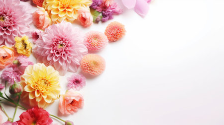 Colorful flowers composition on white background. Flat lay, top viewの素材