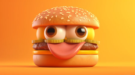 Funny hamburger on orange background. 3d render illustration.の素材