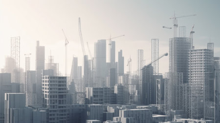 Architectural landscape of a modern city with cranes and skyscrapersの素材