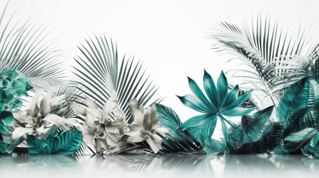 Tropical palm leaves and flowers on a white background. Toned.の素材