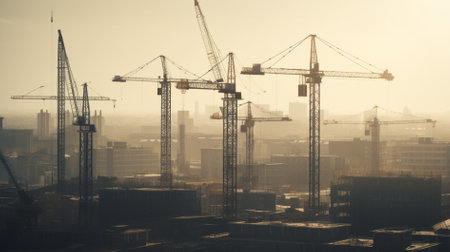 Construction site with cranes and building silhouettes. Industrial background.の素材