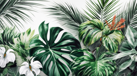 Tropical background with palm leaves, monstera and flowers. Wallpaper.の素材