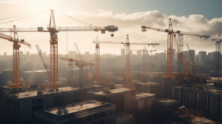 Construction site with cranes and buildings. 3d render illustration.の素材