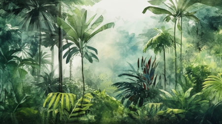 Tropical jungle background. Watercolor painting. Nature illustration.の素材
