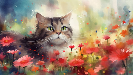 Watercolor portrait of a cat on a background of flowers. Watercolor painting.の素材