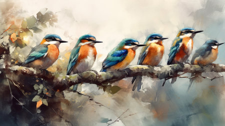 Digital painting of a group of kingfishers sitting on a branchの素材