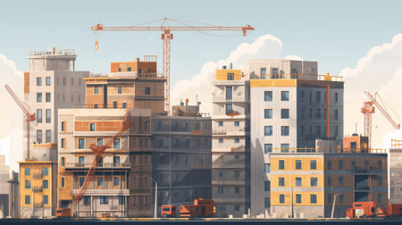 Construction site with cranes and buildings in the background. 3d renderingの素材