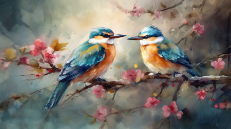 Two birds on a branch of a blossoming tree. Watercolor painting.の素材