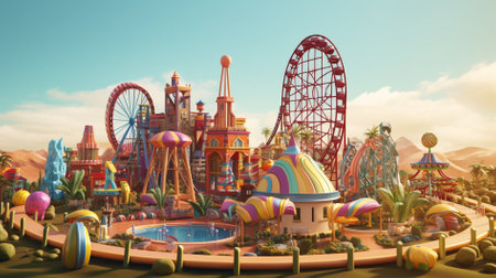 Amusement park in the desert. 3D rendering illustration.の素材