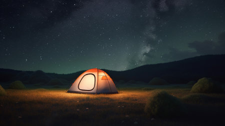 Camping tent in the mountains at night. 3D rendering.の素材