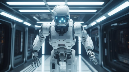 Robot in futuristic space. 3d rendering. Robot in spaceship.の素材