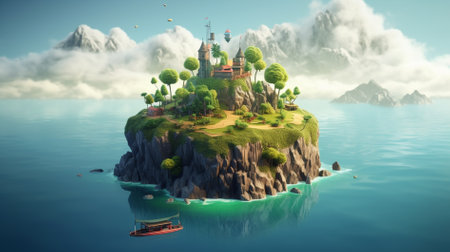 Fantasy island floating in the sea. 3d render illustration.の素材